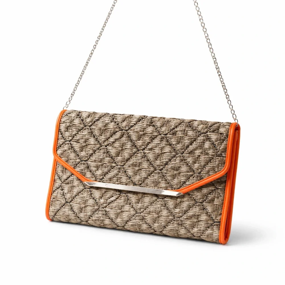 The Limited Woven Straw Clutch Crossbody Bag Orange Trim Boho Resort